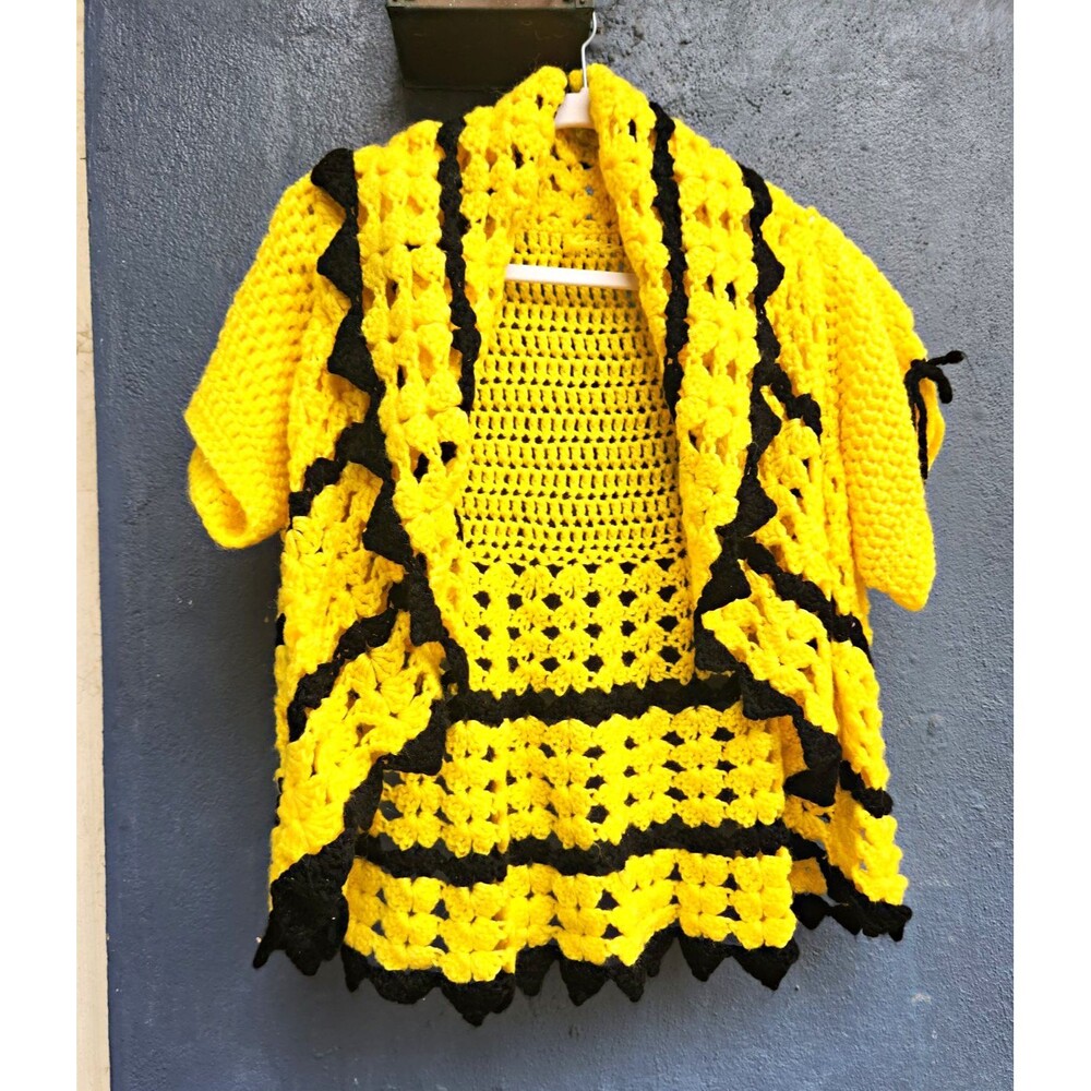Black Yellow Crochet Yarn Shawl  handmade cottagecore Prairie tailgate coquette